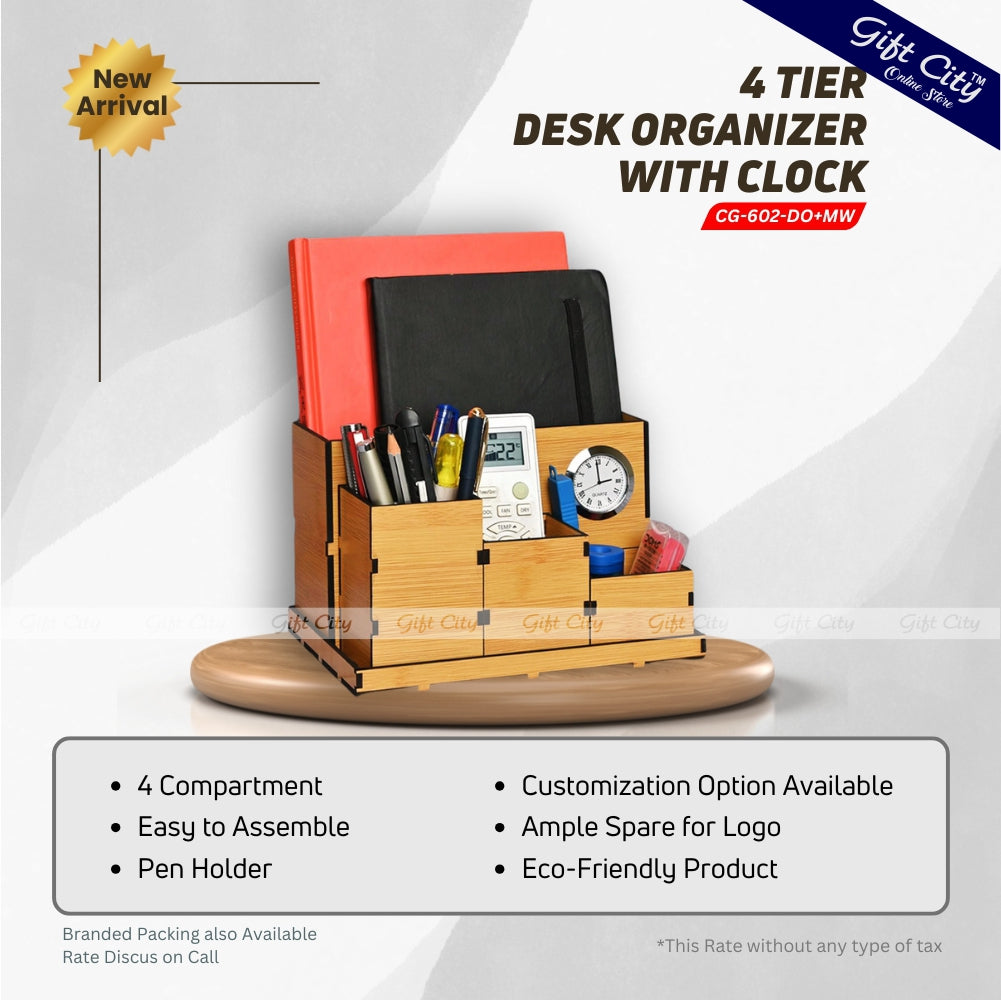 Four Compartment Desk Organizer with Clock | Multi-Functional Office Organizer | Ideal Corporate Gifts