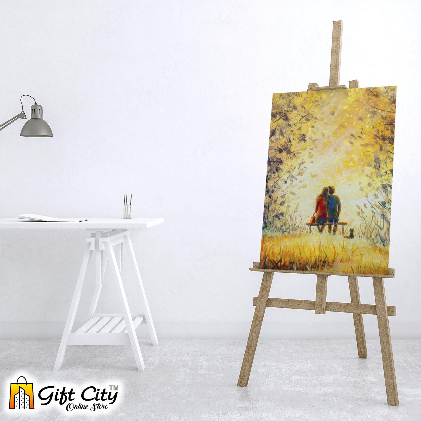 Couple In Park Palette Knife Art Canvas Painting