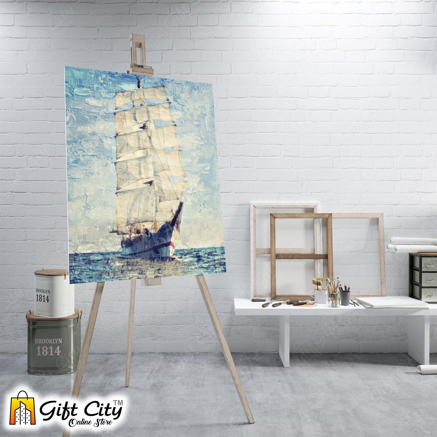 Yacht In Blue Ocean Palette Knife Art Canvas Painting