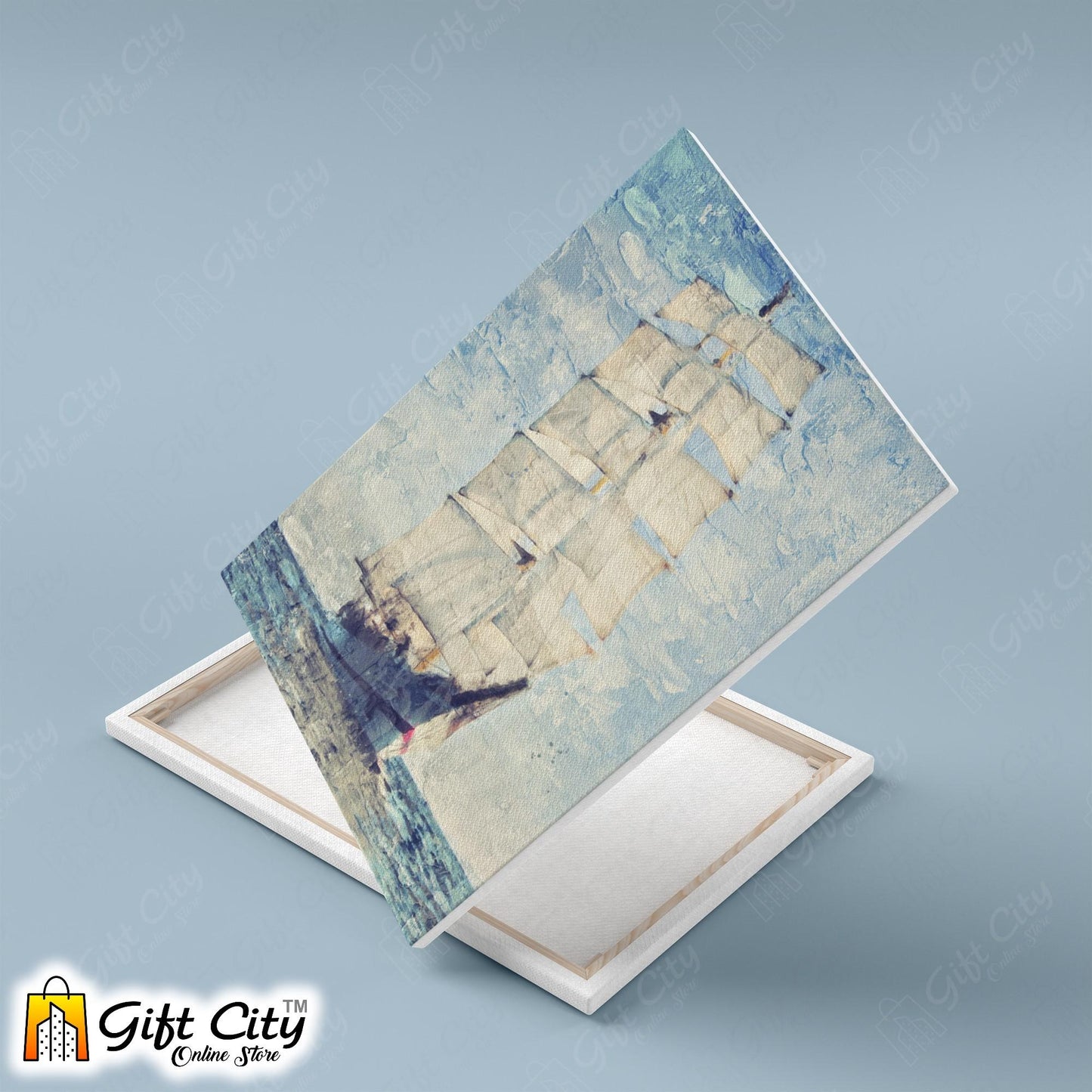 Yacht In Blue Ocean Palette Knife Art Canvas Painting