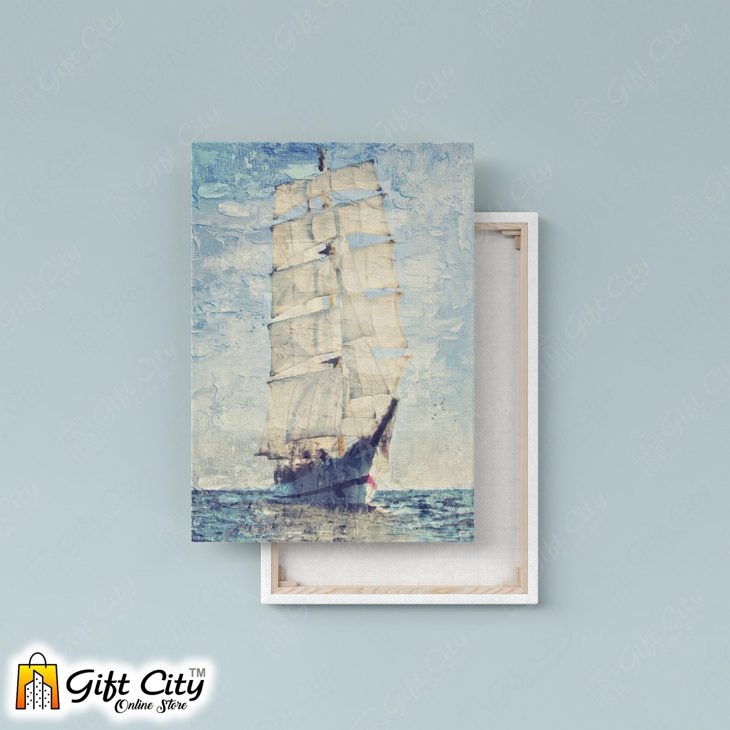 Yacht In Blue Ocean Palette Knife Art Canvas Painting