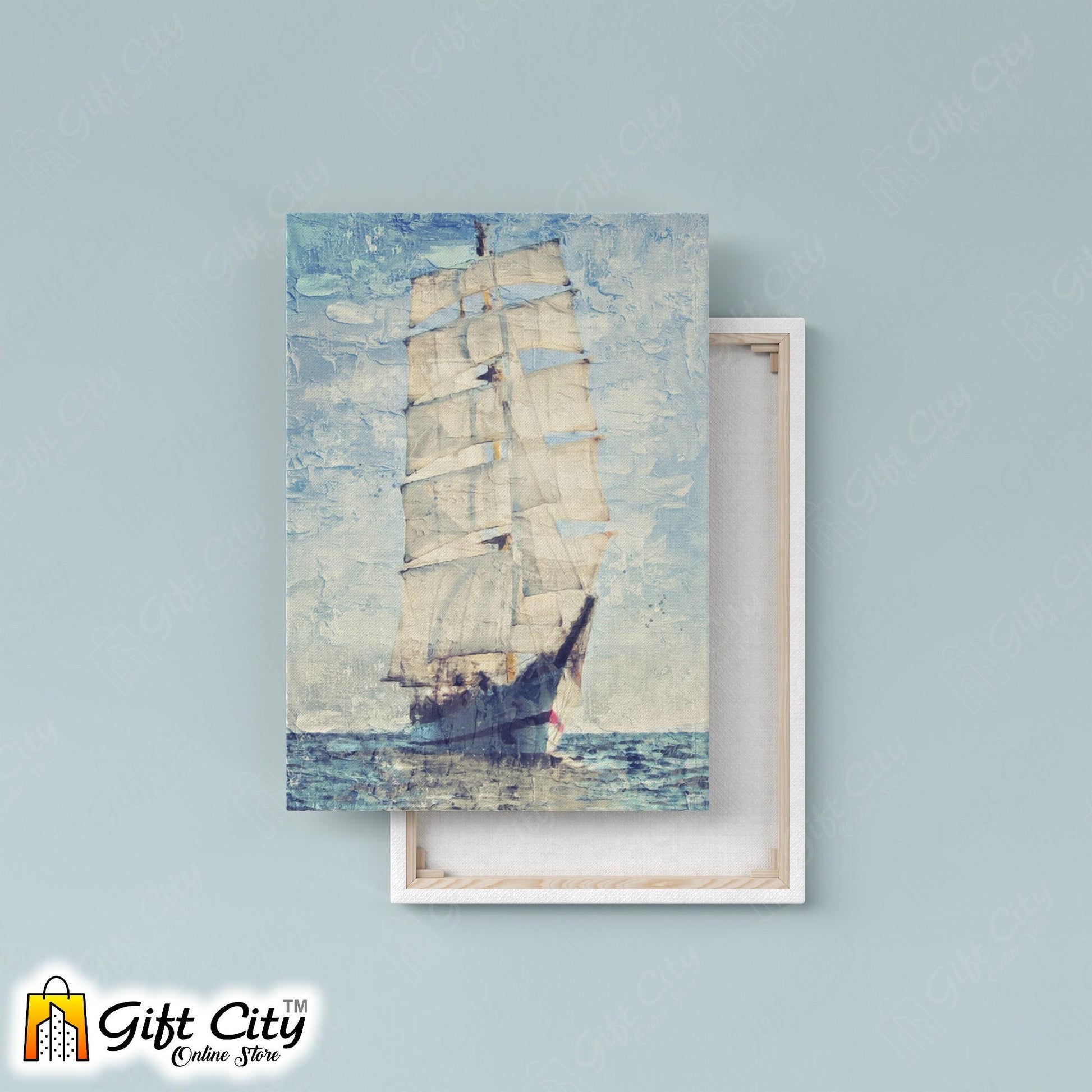 Yacht In Blue Ocean Palette Knife Art Canvas Painting