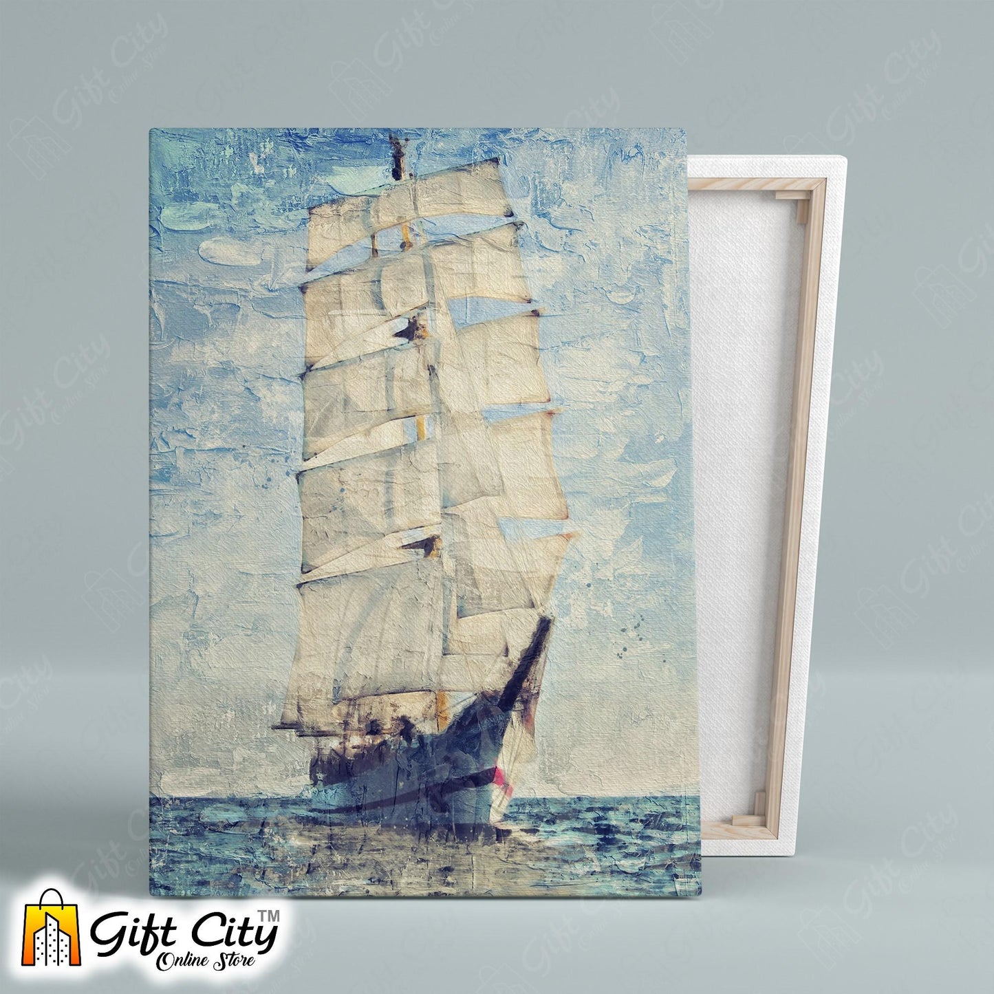 Yacht In Blue Ocean Palette Knife Art Canvas Painting