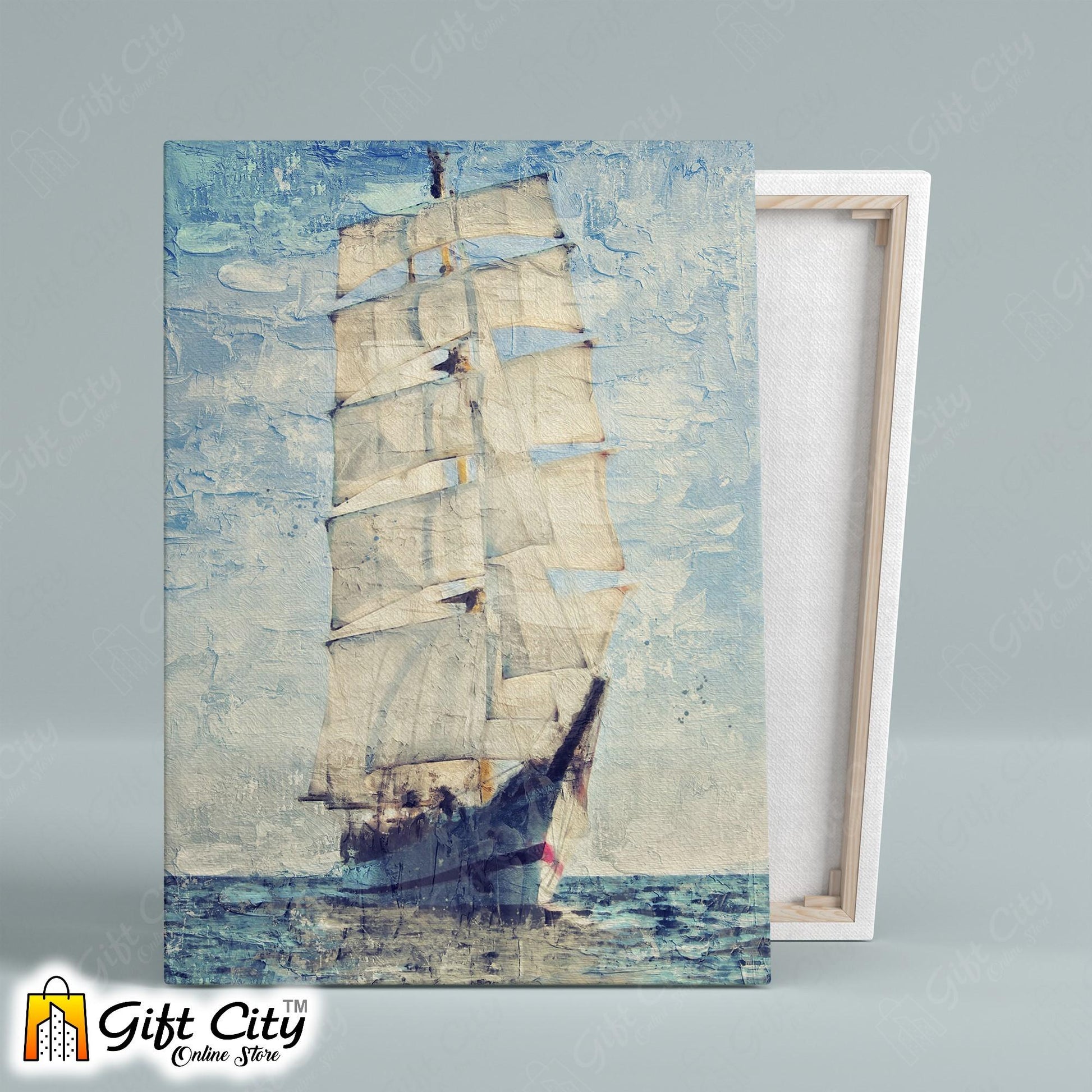 Yacht In Blue Ocean Palette Knife Art Canvas Painting