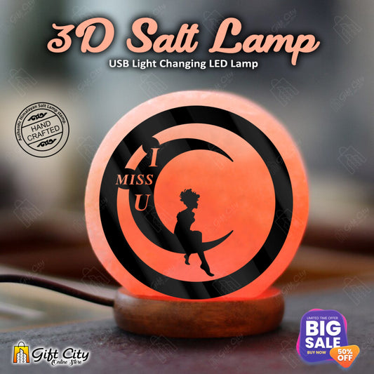I Miss You Girl Siting on Moon 3D 7 Color Changing Acrylic Sheet Salt Lamp