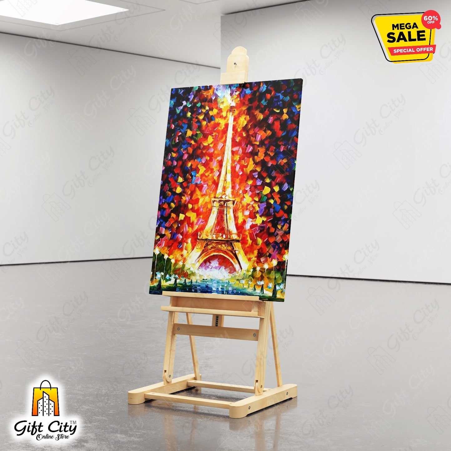 Paris Eiffel Tower Lighted Palette Knife Oil Painting Wall Hanging - Gift City
