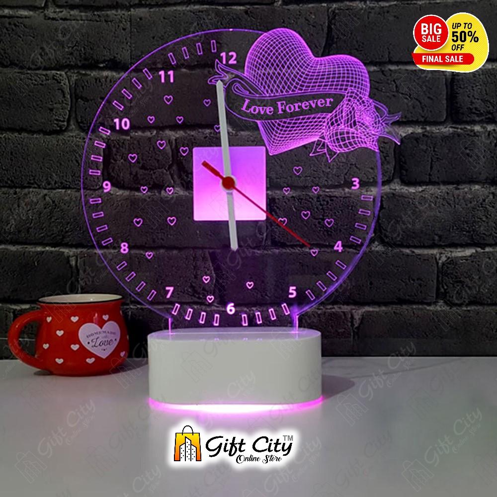 Customizable 3 Color 3D Acrylic Romantic Night Led Table Clock Lamp - Gift City Gift City