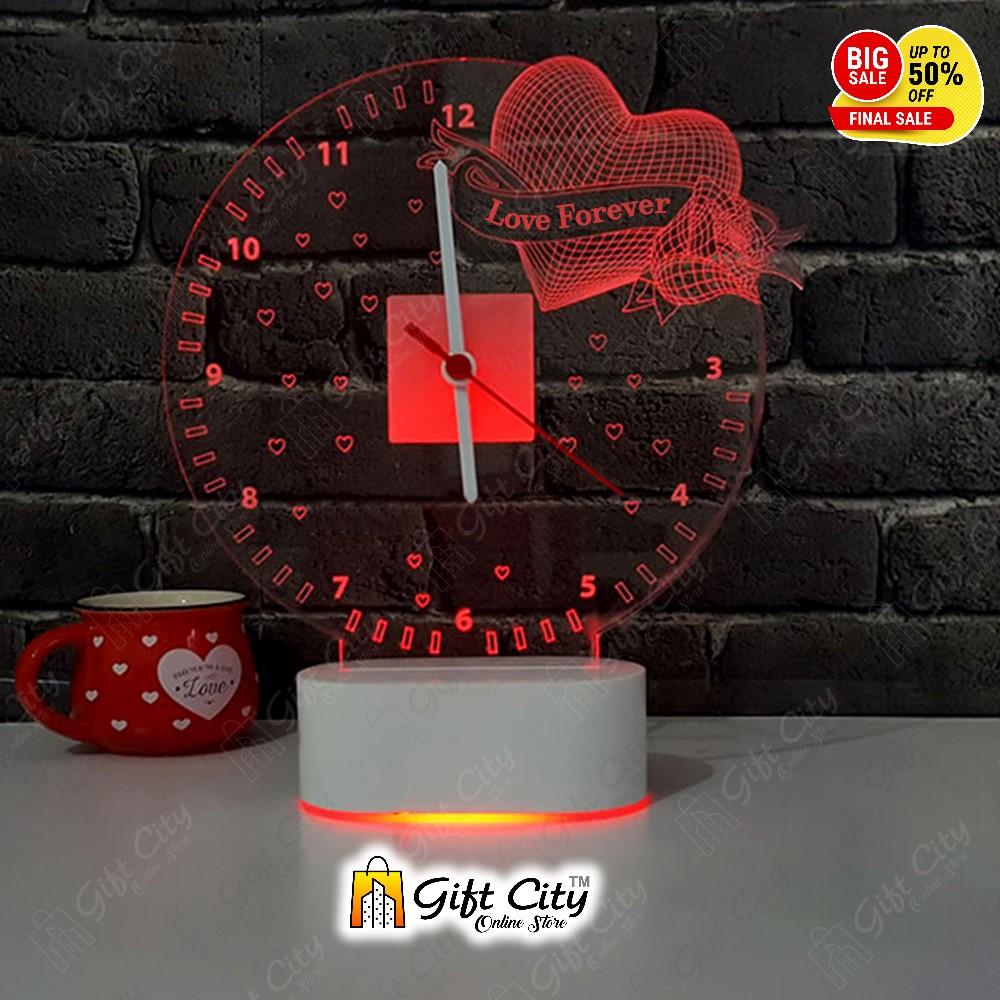 Customizable 3 Color 3D Acrylic Romantic Night Led Table Clock Lamp - Gift City Gift City