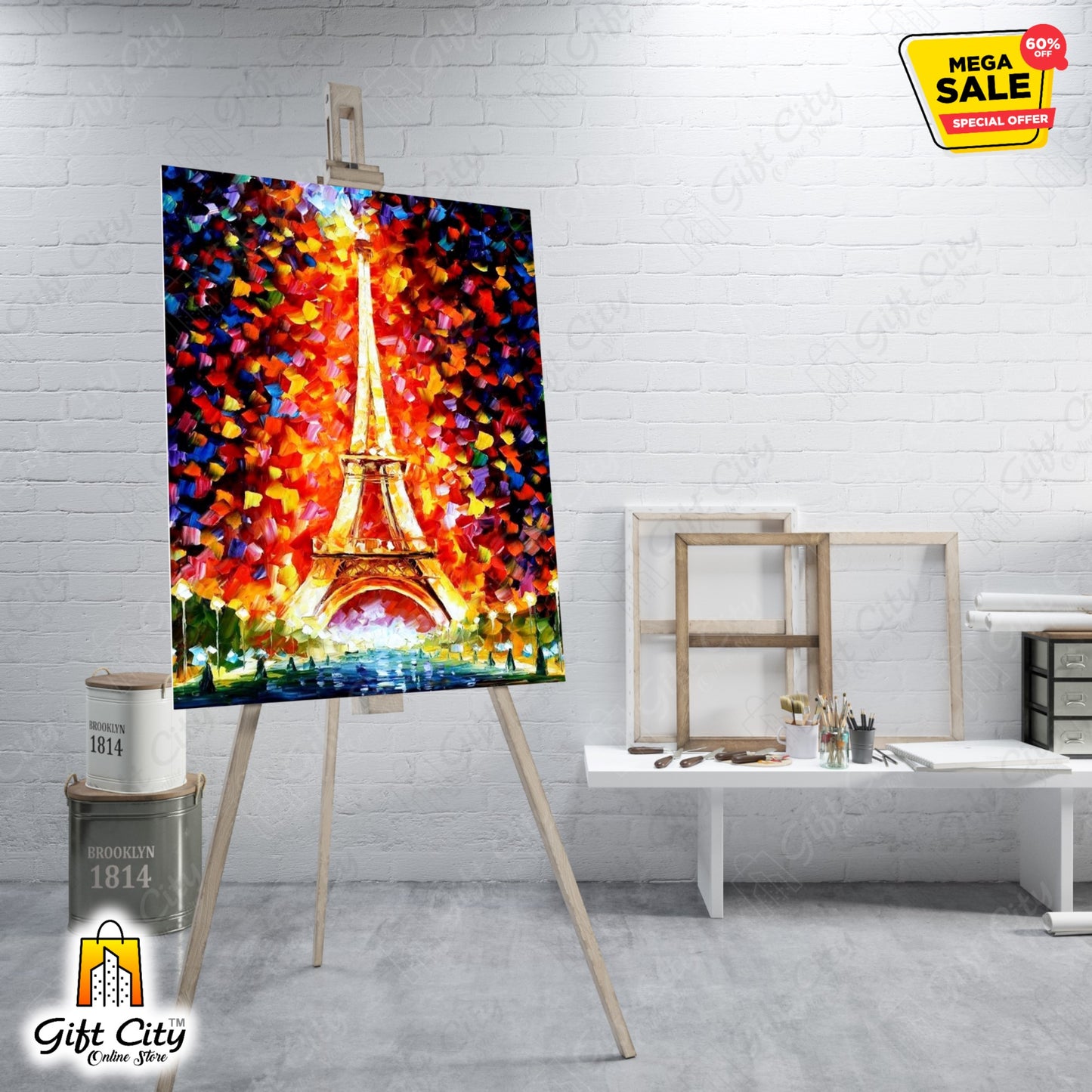 Paris Eiffel Tower Lighted Palette Knife Oil Painting Wall Hanging - Gift City