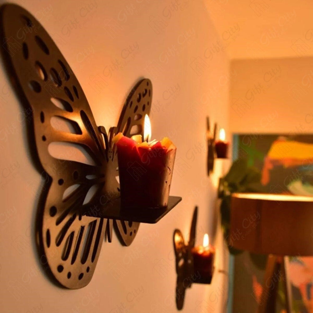 Gift City Presents Premium Wooden Butterfly Wall Shelf - Decorative Candlestick Holder, Black - Gift City Online Store