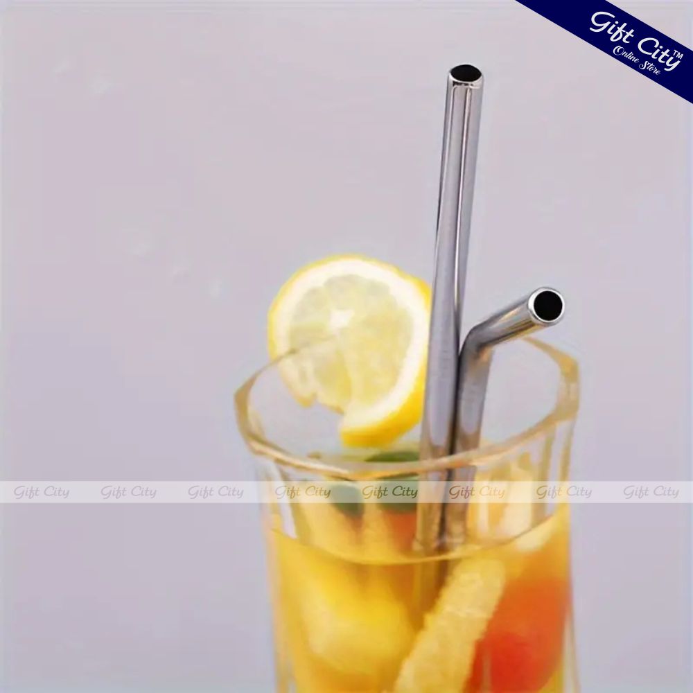 Gift City Presents Reusable Stainless Steel Straw Set – 2 Straight & 2 Bent Straws with Cleaning Brush – Perfect for Beverages & Cocktails