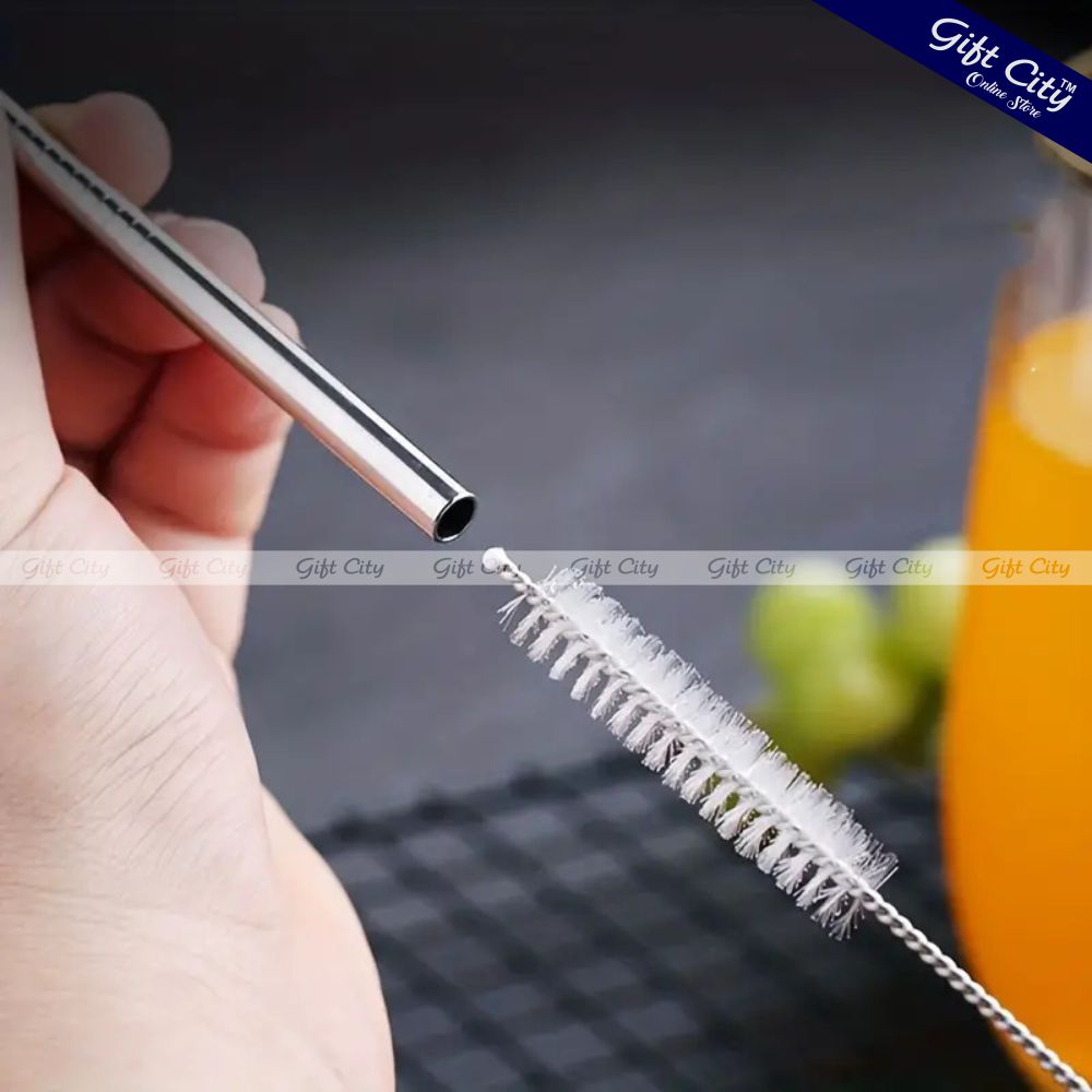 Gift City Presents Reusable Stainless Steel Straw Set – 2 Straight & 2 Bent Straws with Cleaning Brush – Perfect for Beverages & Cocktails