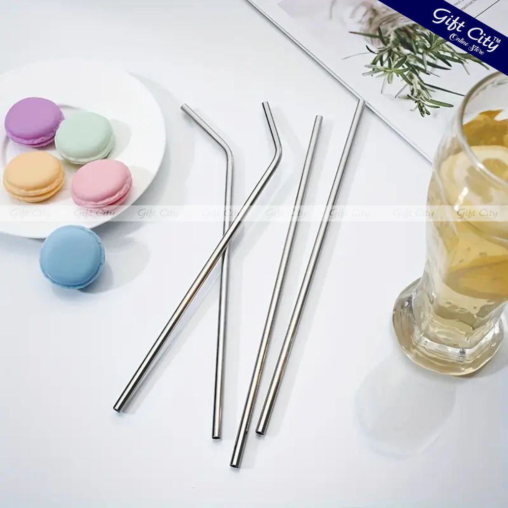 Gift City Presents Reusable Stainless Steel Straw Set – 2 Straight & 2 Bent Straws with Cleaning Brush – Perfect for Beverages & Cocktails