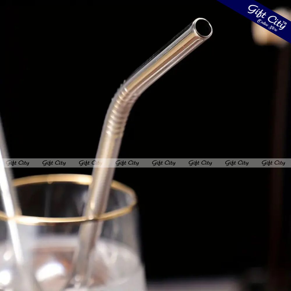 Gift City Presents Reusable Stainless Steel Straw Set – 2 Straight & 2 Bent Straws with Cleaning Brush – Perfect for Beverages & Cocktails