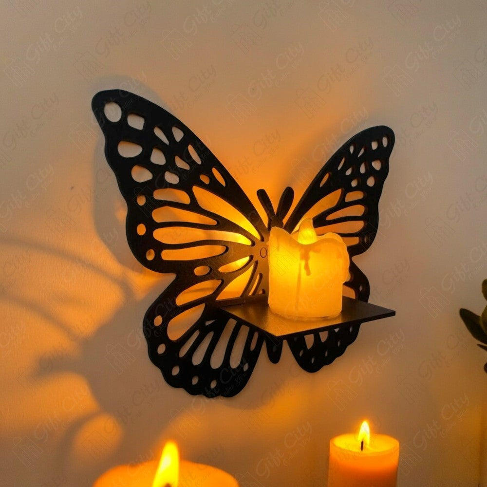 Gift City Presents Premium Wooden Butterfly Wall Shelf - Decorative Candlestick Holder, Black - Gift City Online Store