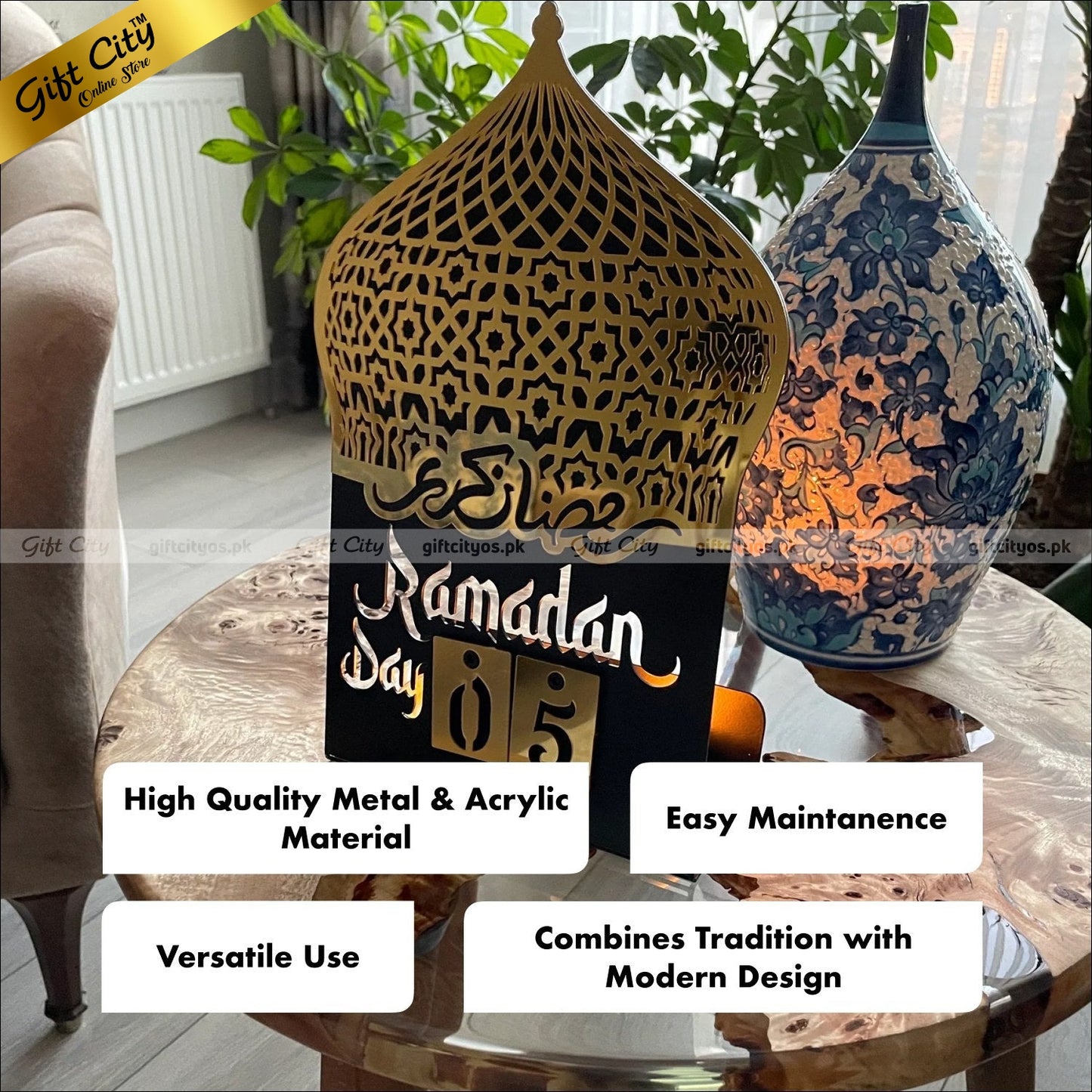 Ramadan Calendar Metal + Wooden + Acrylic Islamic Table Decor - Gift City Online Store