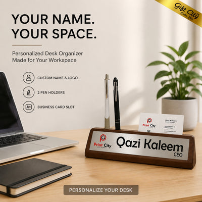 Personalized Wooden Desk Name Plate with Pen & Card Holder – Custom Office Table Name Sign | Gift City