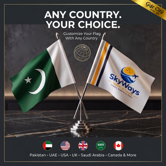 Customizable double table flag stand with 2 personalized flags