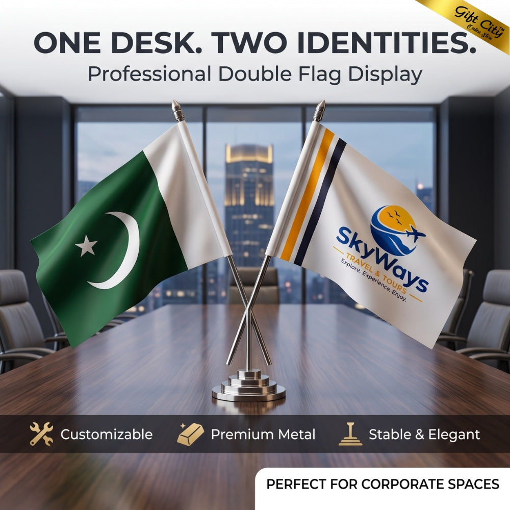 Customizable double table flag stand with 2 personalized flags