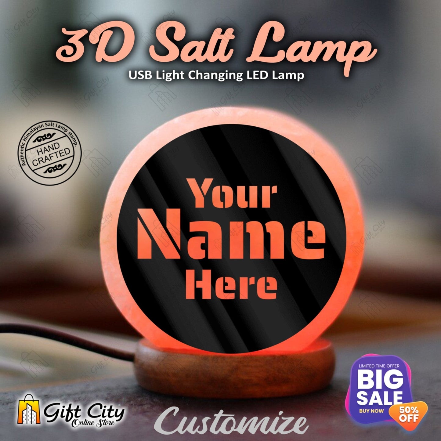 Customizable 3D Customizable Laser Cut Acrylic Sheet Himalayan Salt Lamp - Gift City Gift City Small - 7 Color Changing USB 