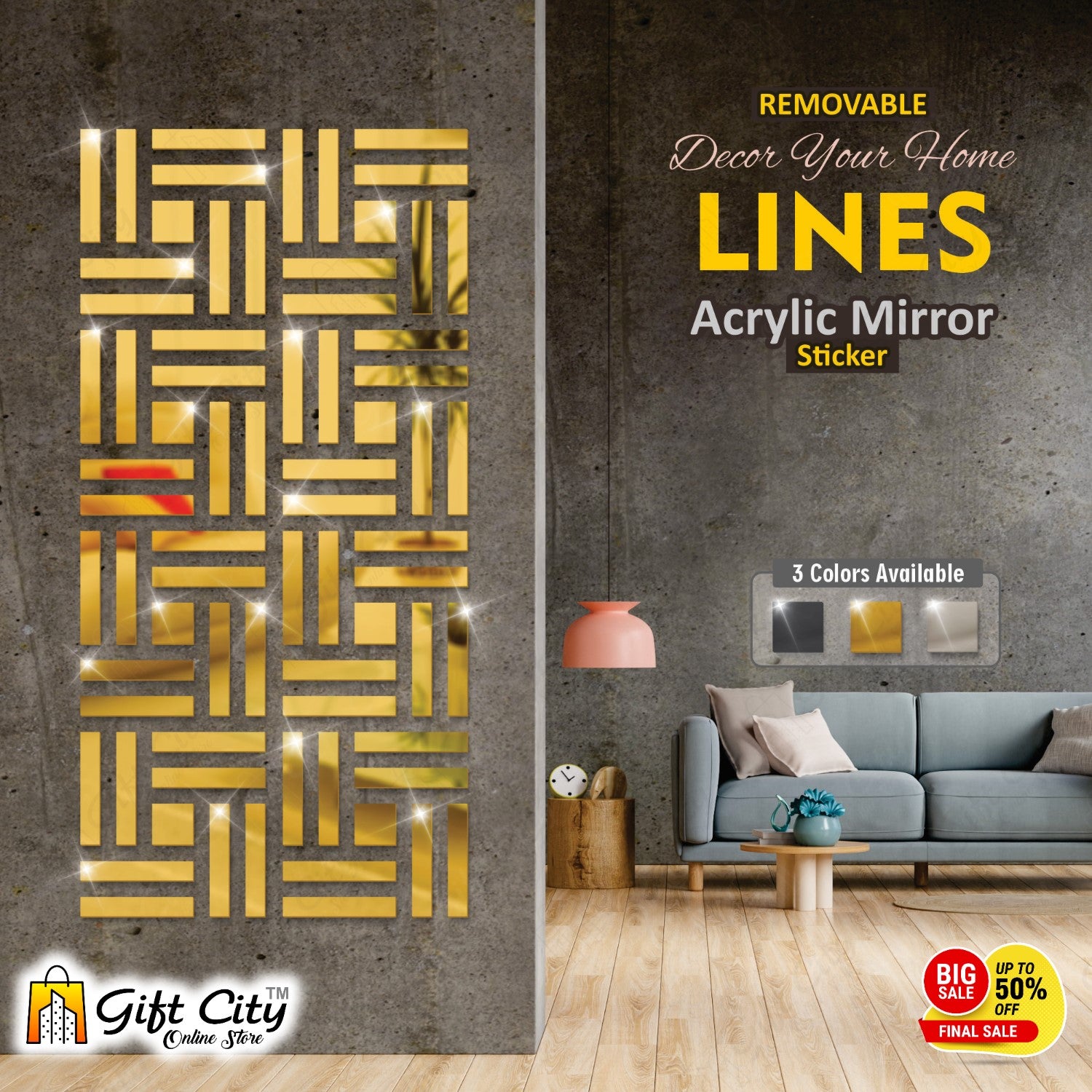 LINES Acrylic Mirror Golden 3D Panels Wall Art For Living Room, Bedroom and Bathroom