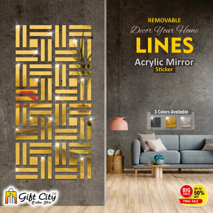 LINES Acrylic Mirror Golden 3D Panels Wall Art For Living Room, Bedroom and Bathroom