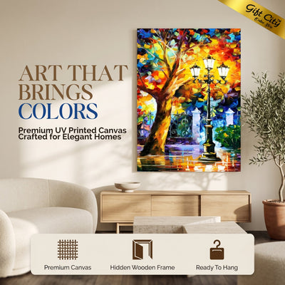 Street Light & Tree Romantic Aura Palette Knife Oil Canvas Painting | Romantic Cityscape Wall Art Decor