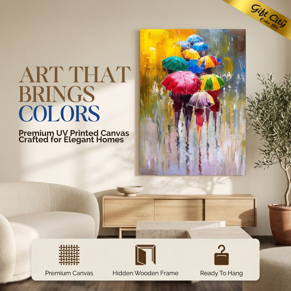 People with Umbrellas in Rain Canvas Painting | Romantic Rainy Scene Wall Art for Home & Office Decor