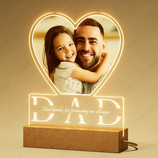 Gift City Customize 3D Picture & Text Decorative Lamp - Acrylic Plate - Wooden Base - Best Gift for Dad