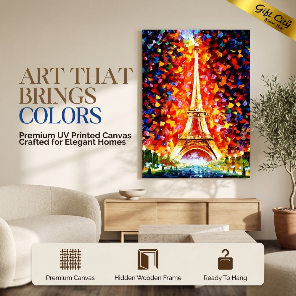 Paris Eiffel Tower Lighted Palette Knife Oil Canvas Painting | Paris Night Canvas Wall Art