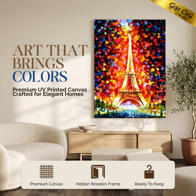 Paris Eiffel Tower Lighted Palette Knife Oil Canvas Painting | Paris Night Canvas Wall Art