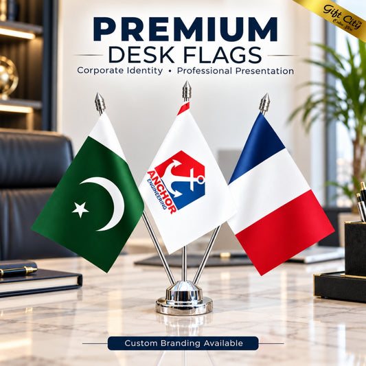 Custom Triple Table Desk Flags with Stainless Steel Stand – Personalized Office Flags with Double-Sided Printing | Gift City