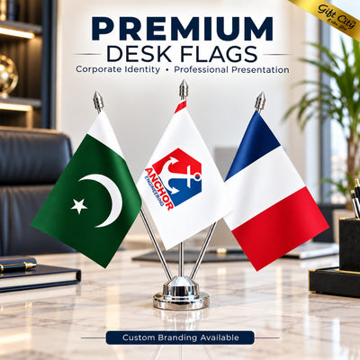 Custom Triple Table Desk Flags with Stainless Steel Stand – Personalized Office Flags with Double-Sided Printing | Gift City