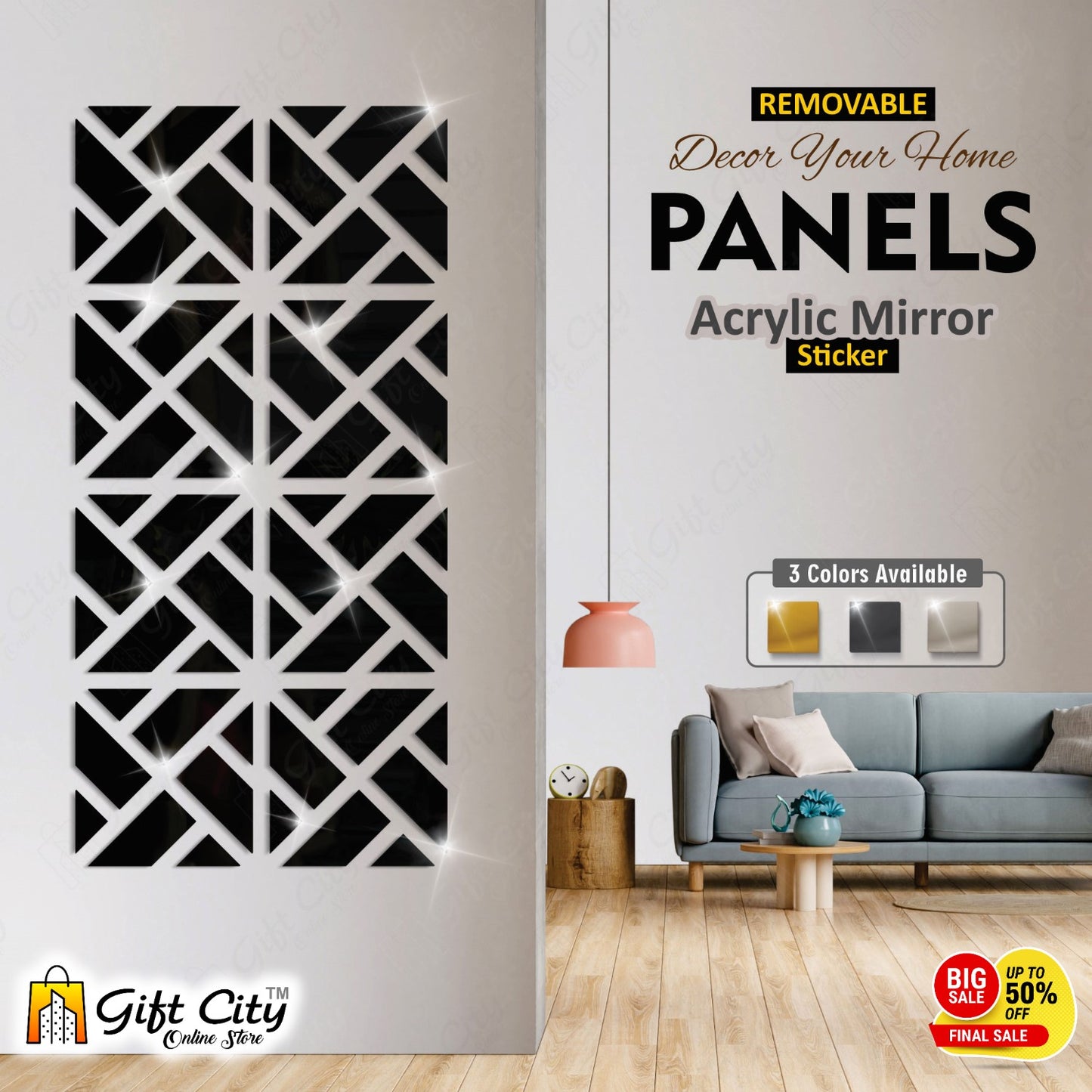 Geometrical Acrylic Mirror Black 3D Panels Wall Art For Living Room, Bedroom and Bathroom