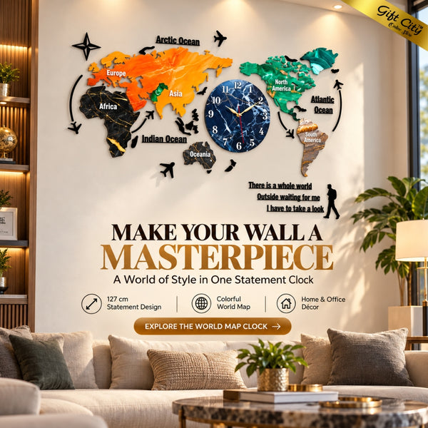 Gift City DIY Colorful World Map Wall Clock - Large 127cm for Home and Office