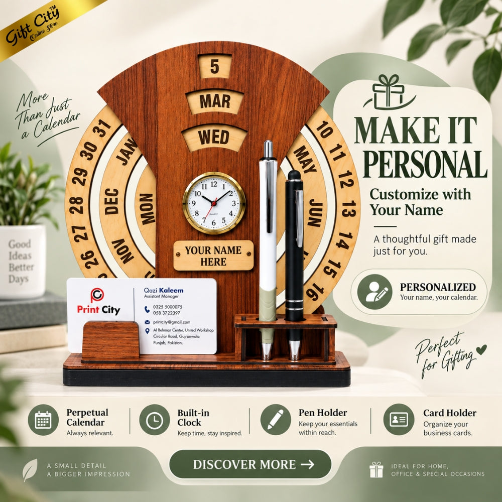 Gift City Presents Infinite Circular Calendar with Pen and Card Holder | Desk Accessories & Corporate Gift - Customizable Text & Photo