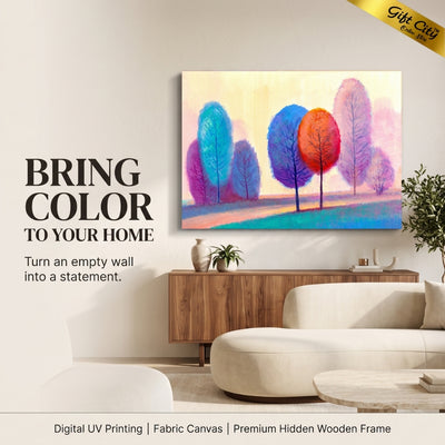 Colorful Autumn Trees Canvas Painting Wall Art with Wooden Frame | Abstract Forest Landscape Painting