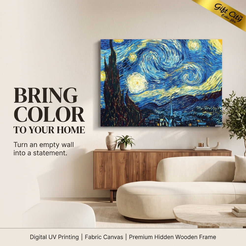 Starry Night Canvas Painting Wall Art | Van Gogh Inspired Night Sky Painting with Wooden Frame