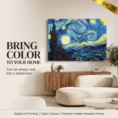 Starry Night Canvas Painting Wall Art | Van Gogh Inspired Night Sky Painting with Wooden Frame