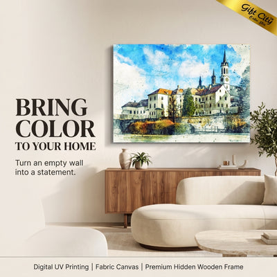 European Village Canvas Painting Wall Art with Wooden Frame | Old Town Landscape Painting for Home Decor