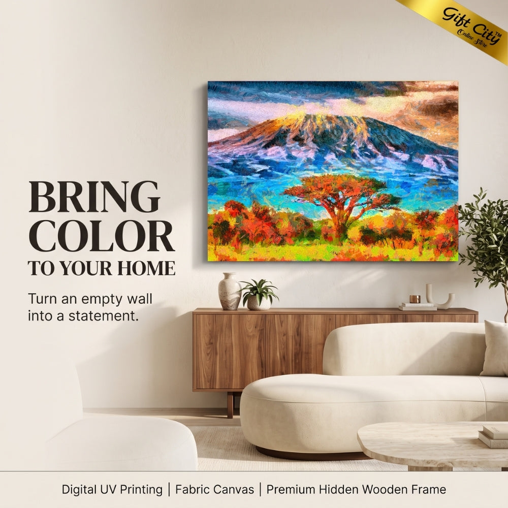 Mount Kilimanjaro Canvas Painting Wall Art with Wooden Frame | Colorful Mountain Landscape Painting