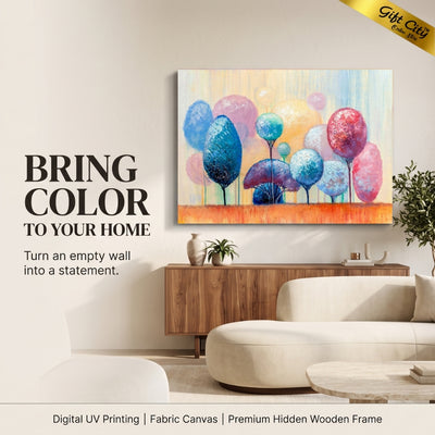 Colorful Ornamental Trees Canvas Painting Wall Art with Wooden Frame | Abstract Park Landscape Painting