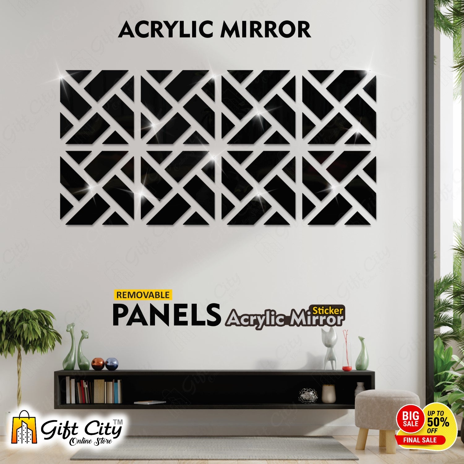 Geometrical Acrylic Mirror Black 3D Panels Wall Art For Living Room, Bedroom and Bathroom