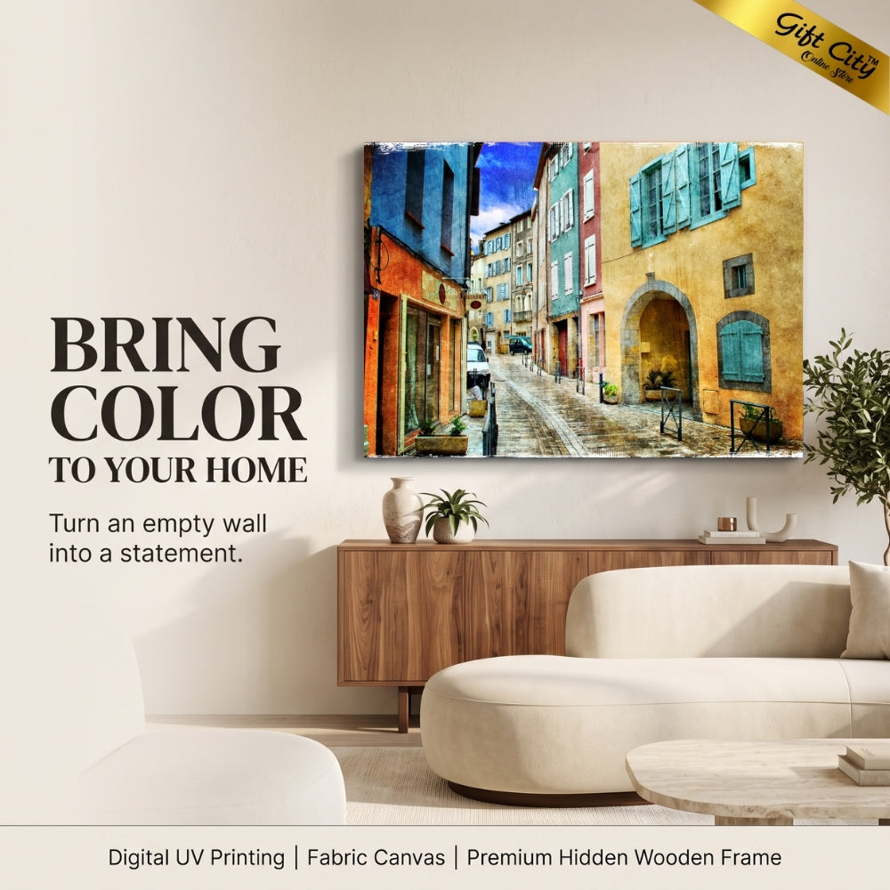 Street Scene Canvas Painting Wall Art with Wooden Frame | Urban Landscape Painting for Home Decor