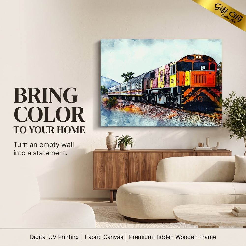 Scenic Train Journey Canvas Painting Wall Art with Wooden Frame | Railway Landscape Painting for Home Decor