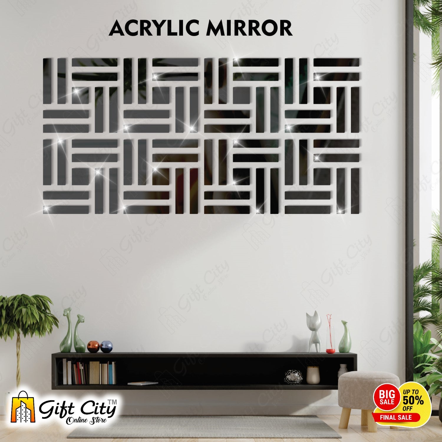 LINES Acrylic Mirror Black 3D Panels Wall Art For Living Room, Bedroom and Bathroom