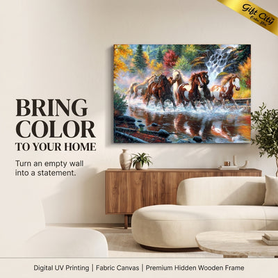 Running Horse Waterfall Canvas Painting Wall Art with Wooden Frame | Nature Landscape Painting for Home Decor
