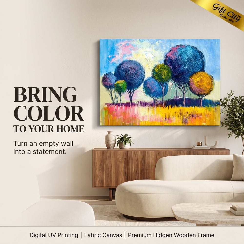 Abstract Rainbow Trees Canvas Wall Art with Wooden Frame | Colorful Nature Painting for Home Decor