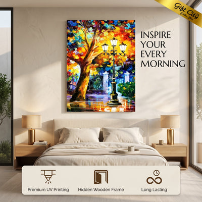 Street Light & Tree Romantic Aura Palette Knife Oil Canvas Painting | Romantic Cityscape Wall Art Decor