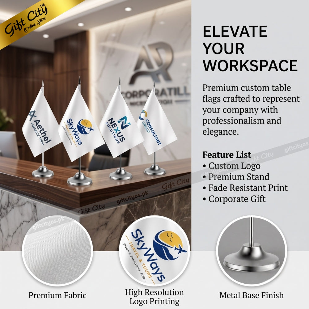 Custom table flags displayed on a reception desk in a modern office lobby, with three sample white flags featuring blue and yellow Skyways logos. The graphic includes marketing text on the right, a gold 'Gift City' banner at top left, and three circular feature callouts at the bottom highlighting premium fabric, high-resolution logo printing, and a polished metal base finish.